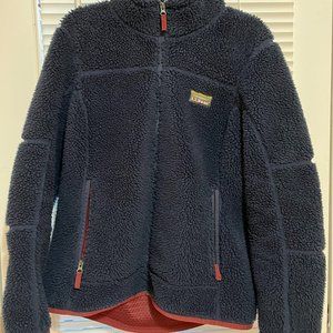 LL Bean Womens Large Mountain Deep Pile Fleece Sherpa Jacket Navy Blue Maroon